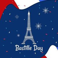 ilustración plana del día de la bastilla. torre eiffel con fuegos artificiales y decoración de ondas de bandera vector