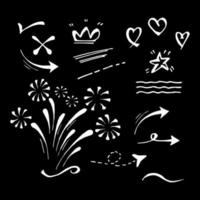 Vector doodle collection of design element. curly swishes, swoops, swirl, arrow, heart, love, crown, flower, star, firework, highlight text and emphasis element. use for concept design