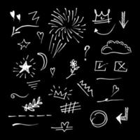 Vector hand drawn collection of design element. curly swishes, swoops, swirl, arrow, heart, love, crown, flower, star, starburst, firework, highlight text and emphasis element. use for concept design