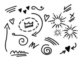 doodle set of design element. emphasis, curly swishes, swoops, swirl, heart, love, arrow, crown, firework, highlight text vector