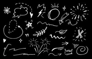 Vector hand drawn collection of design element. curly swishes, swoops, swirl, arrow, heart, love, crown, flower, star, sun burst, firework, highlight text and emphasis element. use for concept design