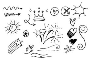 Vector hand drawn collection of design element. curly swishes, swoops, swirl, arrow, heart, love, crown, flower, star, sun burst, firework, highlight text and emphasis element. use for concept design