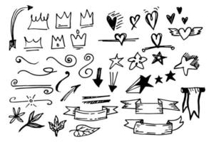 Vector hand drawn collection of design element. curly swishes, swoops, swirl, arrow, heart, love, crown, flower, star, starburst, ribbon, highlight text and emphasis element. use for concept design