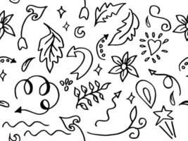 doodle seamless pattern with design element. abstract arrow. line. leaf, flower, star. love heart. curly swishes. and more. vector illustration