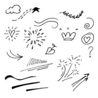 Vector hand drawn collection of design element. curly swishes, swoops, swirl, arrow, heart, love, crown, leaf, star, sun burst, firework, highlight text and emphasis element. use for concept design