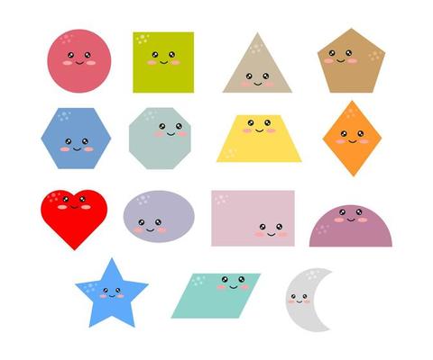 Shapes set for kids to create worksheets, flashcards and educational games. Preschool and kindergarten education. Math centers resources. Cute shapes with happy faces