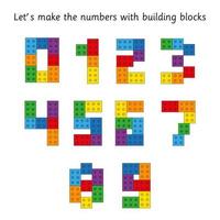 Numbers with building plastic block to create educational materials. Preschool education. Math clipart. Rainbow colors vector