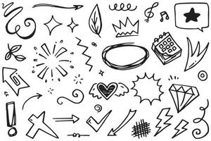 Hand drawn set elements, Abstract arrows, ribbons, hearts, stars, crowns and other elements in a hand drawn style for concept designs. Scribble illustration. Vector illustration.