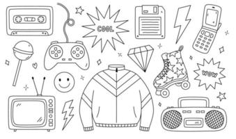 Doodle set of items from the nineties - retro cassette tape, sports jacket, tape recorder, roller skate, TV, joystick, floppy disk, cool and wow stickers, lightnings, diamonds. Nostalgia for the 1990s vector