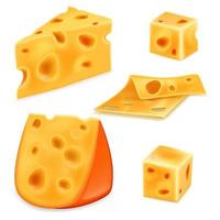 conjunto realista de piezas de queso con agujeros. ilustración vectorial