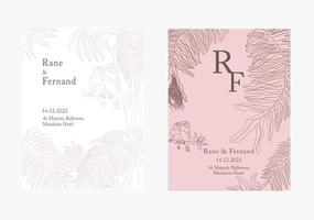 conjunto de invitación de boda floral con tema forestal en fondo de sombra violeta vector