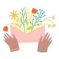 manos femeninas sosteniendo el sobre con flores dentro. ilustración de vector de dibujos animados plana para tarjeta romántica o de felicitación.