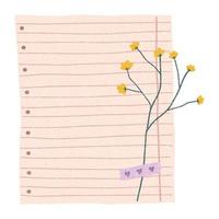 A sheet of notebook paper. Notepaper, flowers and a sheet of textured paper in the background. Vector illustration, flat style.