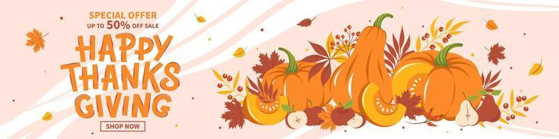 Thanksgiving sale banner, seasonal promo offer discount poster for autumnal shopping template. Pumpkin harvest, fruits, leaves, berries. Vector illustration