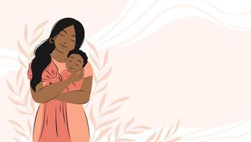 pancarta sobre el embarazo y la maternidad con lugar para el texto. mujer afroamericana sostiene a un bebé recién nacido. concepto de familia, salud, feliz día de la madre. ilustración vectorial plana. vector