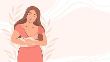 Banner about pregnancy and motherhood with place for text. Woman holding baby in her arms. Happy Mother's Day.  Flat vector illustration.