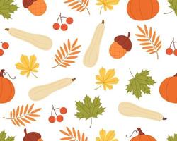 Autumn seamless pattern with different leaves, pumpkins and acorn. Flat vector illustration.