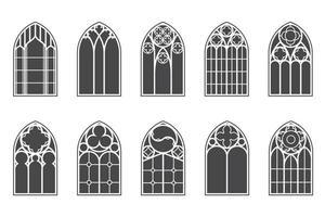 Church medieval windows set. Old gothic style architecture elements. Vector glyph illustration on white background.