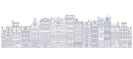 European houses seamless border. Amsterdam buildings row pattern. Street of the city in outline style. Vintage architecture landscape. Vector panorama