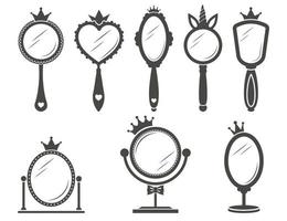 Vintage princess mirror in royal style on white background. Retro frames silhouette design with crowns. Vector set.