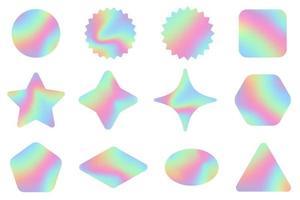 juego de pegatinas holográficas. sellos de gradiente de etiqueta de arco iris. insignias de textura de metal. lámina iridiscente en diferentes formas geométricas. emblemas de neón vectorial. vector