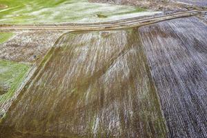 Fields with winter crops and plowed field. Fields covered with snow. Aerial view. photo