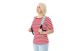 Happy woman with backpack isolated copy space mockup. photo