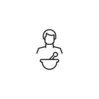 Monochrome sign drawn with black thin line. Modern vector symbol perfect for sites, apps, books, banners etc. Line icon of mortar and pestle next to faceless man