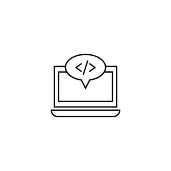 concepto de computadora, internet y comunicación. signo monocromo moderno en estilo plano. adecuado para sitios web, tiendas, libros, etc. icono de línea del código del programa dentro de la burbuja de voz en el monitor de la computadora portátil vector