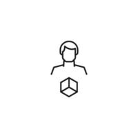 Monochrome sign drawn with black thin line. Modern vector symbol perfect for sites, apps, books, banners etc. Line icon of cube next to faceless man