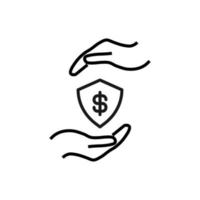 Support and gift signs. Minimalistic isolated vector image for web sites, shops, stores, adverts. Editable stroke. Vector line icon of dollar inside of shield between outstretched hands