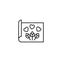 Art, picture, image concept. Simple monochrome isolated sign. Editable stroke. Vector line icon of heart over bouquet of flowers on paper sheet