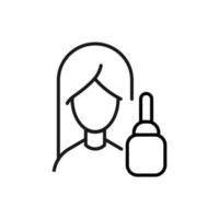 Profession, occupation, hobby of woman. Outline sign drawn with black thin line. Editable stroke. Vector monochrome line icon of cosmetic bottle by female