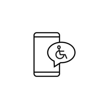 chat en internet y concepto de diálogo. signo de vector moderno en estilo plano. adecuado para sitios web, tiendas. icono de línea de persona en silla de ruedas dentro de la burbuja del habla por teléfono inteligente