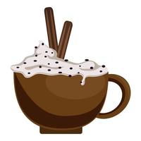 Coffee mug with whipped cream and cinnamon sticks. Coffee drink with additives. Vector