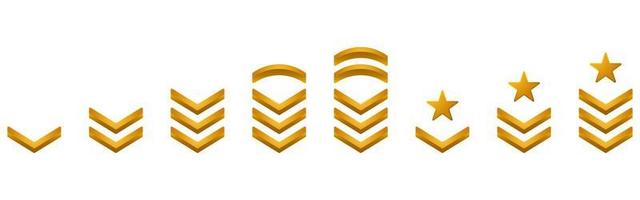 Chevron Stripes Badge Gold Symbol. Military Insignia Soldier Sergeant, General, Major, Officer, Lieutenant, Colonel Patch Emblem. Army Rank Golden Logo. Isolated Vector Illustration.