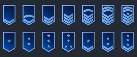 Military Badge Insignia Blue Symbol. Soldier Sergeant, Major, Officer, General, Lieutenant, Colonel Emblem. Army Rank Icon. Chevron Star and Stripes Logo. Isolated Vector Illustration.