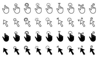 Cursor Computer Pointer Line and Silhouette Icon Set. Arrow and Hand with Finger Digital Mouse Click. Internet Website App Press Tap Link Choice Button Interface. Isolated Vector Illustration.