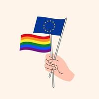Cartoon Hand Holding European Union And LGBTQ Rainbow Flags. EU and LGBT Minorities Relationships. Concept of Freedom of Love, Speech and Human Rights. Flat Design Isolated Vector