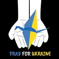 Paper origami crane in blue yellow colors on open childrens hands. Concept of humanity and peace. Japanese symbol of peace and pray for Ukraine text vector illustration