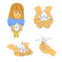 Sad girl with origami crane, children pray for a peaceful sky, open hands with paper crane. No war set, Japanese symbol of peace vector illustration