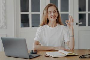 la mujer hace un gesto bien sentado en el escritorio de su apartamento. exitosa mujer de negocios de mediana edad. foto