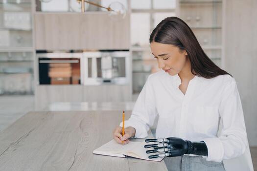Modern disabled girl with bionic prosthesis hand writing in notebook, sitting at table at home photo