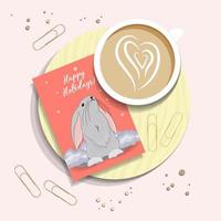 Morning post. A cup of coffee and a card with the symbol of 2023. Congratulatory Christmas card with a rabbit. View TOP. RABBIT. vector