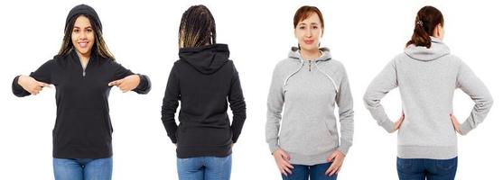 girl in stylish black hoodie isolated on white background girl in grey hood front and back view isolated photo