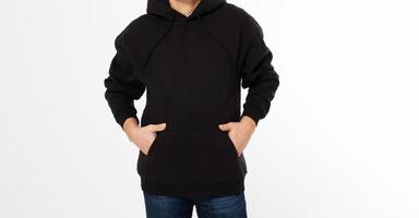 Heather black hoodie on man in jeans, isolated, with copy space, mock up cropped image photo