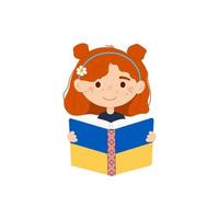 Online school Ukraine. Cute little girl reading a Ukrainian book isolated on a white background. Back to school, Ukrainian education concept. Vector illustration