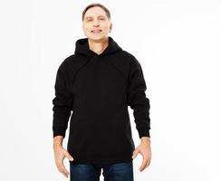 smile man in a black hoodie isolated on white background mock up - front view photo