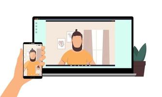 Online conference. A man is displayed on two devices - a laptop and a phone. Remote work or education. Vector illustration