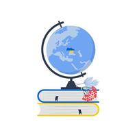 Map of Ukraine highlighted by the colors of the national flag on the globe on a stack of books. Ukraine education concept. Vector illustration isolated on the white background